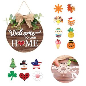 GRILLYARD Interchangeable Seasonal Welcome Sign Front Door Decoration, Round Wood Wreaths Wall Hanging Outdoor,Home Decor, Fall Wreath,for Spring Summer Fall All Seasons Holiday Halloween Christmas.