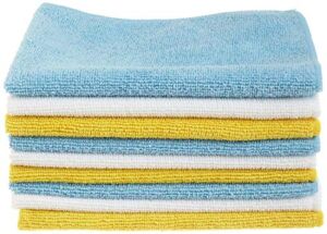 Amazon Basics Microfiber Cleaning Cloths, Non-Abrasive, Reusable and Washable – Pack of 24, 12 x16-Inch, Blue, White and Yellow