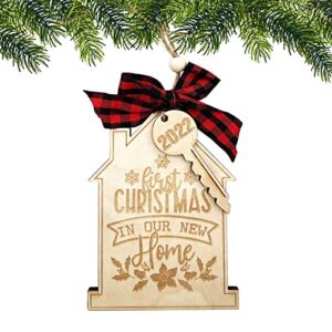 Baccessor Our First Christmas in New Home Ornament 2022,Christmas Tree Decoration Newlywed Holiday Keepsake Housewarming New Home Gift, Moving House Gift (Gift Box Included)-Red Plaid Bow-Knot