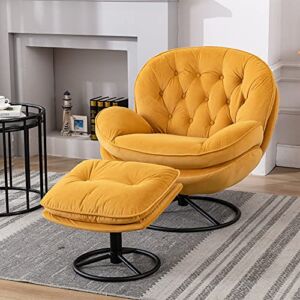Baysitone Accent Chair with Ottoman,360 Degree Swivel Velvet Accent Chair, Lounge Armchair with Metal Base Frame for Living Room, Bedroom, Reading Room, Home Office (Yellow)