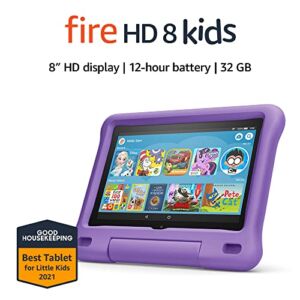 Fire HD 8 Kids tablet, 8″ HD display, ages 3-7, 32 GB, includes a 1-year subscription to Amazon Kids+ content, Purple Kid-Proof Case, (2020 release)