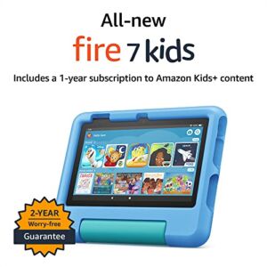 All-new Fire 7 Kids tablet, 7″ display, ages 3-7, with ad-free content kids love, 2-year worry free guarantee, parental controls, 16 GB, (2022 release), Blue