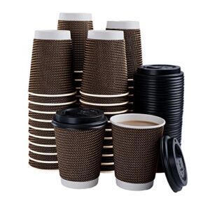 Changuan 12 oz 80 Packs Disposable Coffee Cups, To go Ripple Wall Paper Cups with Lids, Insulated Drinking Cups for Chocolate, Tea (Brown)