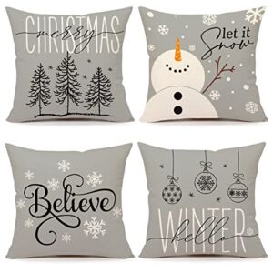 Gray Christmas Pillow Covers 18×18 Set of 4 Farmhouse Christmas Decorations Merry Tree Let It Snow Believe Snow Hello Winter Holiday Decor Throw Cushion Case for Home Couch S22C08