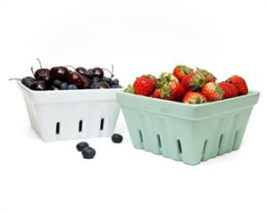 Woouch Ceramic Berry Basket, Square Fruit Bowl With Holes, 5.7″ Colander For Kitchen, Cute Small Container For Berries, Strawberry, Grape, Cherry, Rustic Stoneware Décor (White + Mint Green)