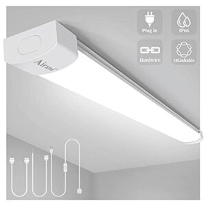 Utility LED Shop Light Fixture 4FT Plug in Ceiling Lights LED Tube Light for Kitchen Bathroom Garage Basement Office, Long LED Shoplight, Corded Electric with ON/Off Switch, Linkable, IP66 Waterproof