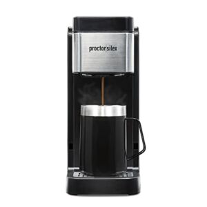 Proctor-Silex Single-Serve Coffee Maker Compatible with Pod Packs and Grounds, 40 oz. Reservoir Makes Four 10 oz. Cups Without Refilling, Black & Stainless Steel (49919)