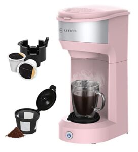LITIFO Single Serve Coffee Maker for Ground coffee, Tea & K Cup Pod, 2-In-1 Small Coffee Machine with 6 to 14oz Reservoir, One-Button Fast Brew, Auto Shut-off & Self Cleaning Function (Pink)