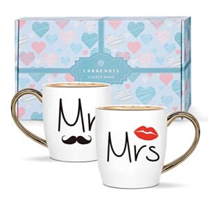 CARAKNOTS Mr and Mrs Coffee Mugs Wedding Gifts for Couple Bridal Shower Gifts for Bride and Groom Valentines Anniversary Engagement Gifts for Mr Mrs Mug Set of 2 Ceramic