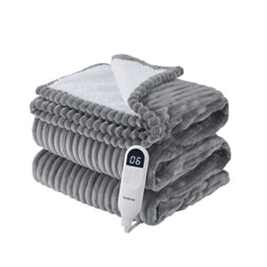 Bedsure Heated Blanket Electric Blanket – Soft Ribbed Fleece 50×60 Fast Heating Electric Throw with 6 Heating Levels & 4 Time Settings, 3 Hours Auto-Off, Dark Grey
