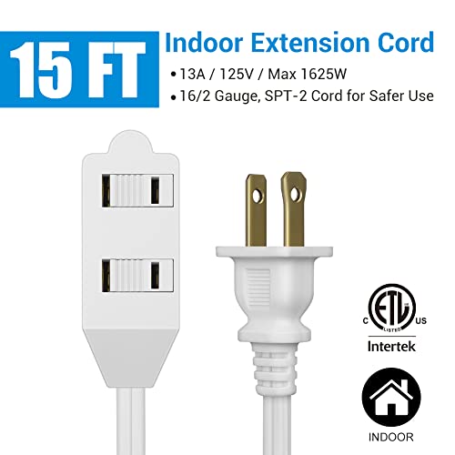 DEWENWILS Extension Cord 15ft, 16 AWG Extension Cord with Multiple Outlets, 2 Prong SPT-2 Power Cord, NEMA 5-15P to NEMA 5-15R, White, ETL Listed, 2 Pack | The Storepaperoomates Retail Market - Fast Affordable Shopping
