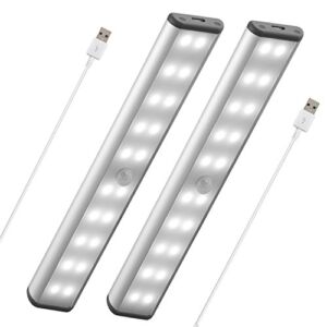 Stick-On Anywhere Portable Closet Lights Wireless 20 Led Under Cabinet Lighting Motion Sensor Activated Build in Rechargeable Battery Magnetic Little Safe Night Tap Light for Closet Cabinet (Silver)