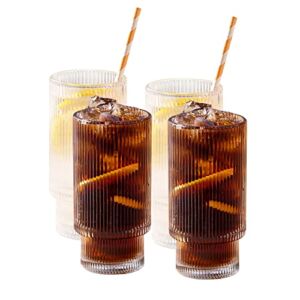 SUNNOW Vastto 11 Ounce Stackable Ribbed Glass Cup,Iced Tea Glasses for Water, Beverage,Juice, Wine,Beer and Cocktail,Set of 4