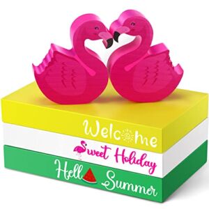 5 Pieces Summer Wooden Book Decor Flamingo Tiered Tray Decor Summer Tiered Tray Decor Farmhouse Hello Summer Sweet Holiday Stacked Book Decor Wood Table Centerpieces for Shelf Kitchen Party Decoration