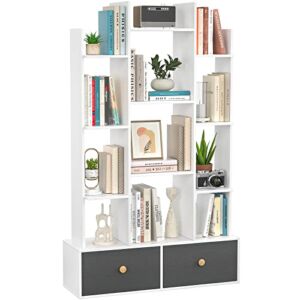 Unikito Bookshelf with 2 Drawers Free Standing Bookcase, Office Storage Shelf Organizer with 12 Open Bookshelves, Industrial Wood Book Case Display Rack for Bedroom, Living Room, Home Office, White