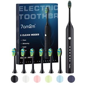 7am2m Sonic Electric Toothbrush, Soft Toothbrushes for Adults and Kids with 6 Brush Heads, One Charge Use for 60 Days, 5 Modes with 2 Minutes Build in Smart Timer, Rechargeable Toothbrushes