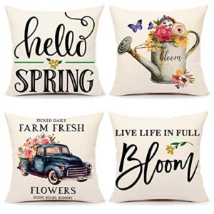 4TH Emotion Spring Pillow Covers 16×16 Set of 4 Farmhouse Decor Floral Bloom Truck Holiday Decorations Throw Cushion Case for Home Decorations TH091-16