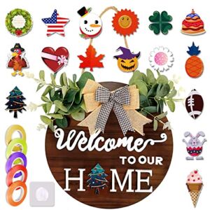 Interchangeable Seasonal Welcome Sign for Front Door Sign Wreath with 16 Replaceable Icons Xmas Rustic Wood Wreaths for Spring Summer Fall Christmas Halloween Holiday Outdoor Hanging Decor