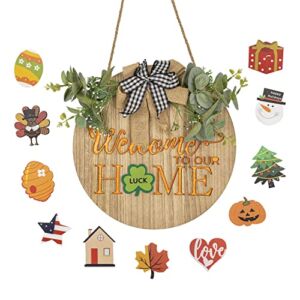 YIWOLIT Interchange Welcome Sign for Front Door Decor – Hanging LED ”WELCOME TO OUR HOME” with Interchangeable Holiday Decoration – Seasonal Home Porch Door Sign Decor (LIGHT WOODEN)