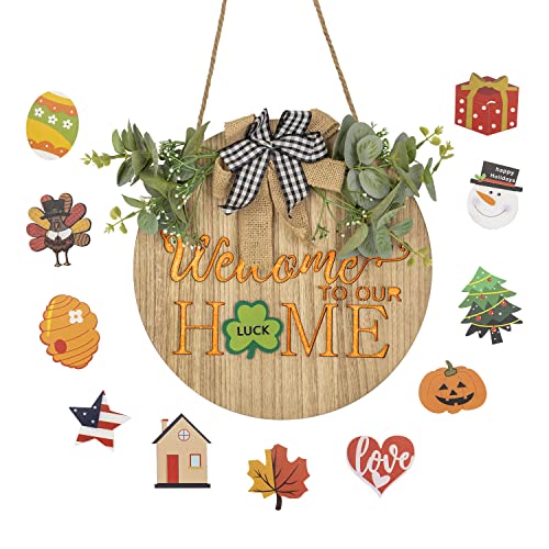 YIWOLIT Interchange Welcome Sign for Front Door Decor – Hanging LED ”WELCOME TO OUR HOME” with Interchangeable Holiday Decoration – Seasonal Home Porch Door Sign Decor (LIGHT WOODEN) | The Storepaperoomates Retail Market - Fast Affordable Shopping