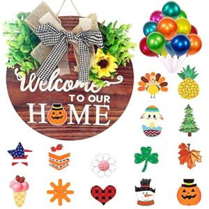 FUEMEILY Balloons and Interchangeable Seasonal Welcome Sign for Front Door Decor, Welcome to Our Home Sign with Holiday Pieces, Welcome Door Sign for Farmhouse/Wall/Porch Decor Housewarming Gift