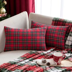 EMEMA Christmas Red Tartan Plaid Throw Pillow Covers 12×20 Inch Decorative Scottish Farmhouse Retro Classic Rectangle Cushion Cases for Decor Sofa Couch Winter Holiday Set of 2