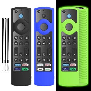 NS-RCFNA-21 Insignia Toshiba FireTV CT-RC1US-21 CT95018 Remote Cover, TOLUOHU 3 Pack Fire TV Remote Case Replacement Silicone Alexa Voice Control Protective Skin with Lanyard(Blue+Black+Glow Green)