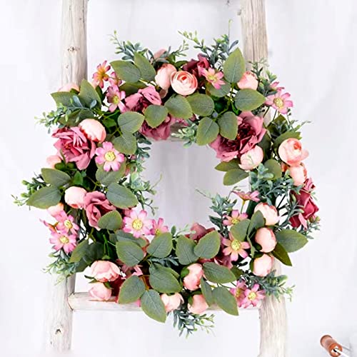 Wreaths for Front Door 16Inch Artificia Eucalyptus Leaves Sunflower Lavender Wreath Wedding Wall Window Backdrop Home Indoor Outdoor Farmhouse Holiday Decor (Camellia), Pink | The Storepaperoomates Retail Market - Fast Affordable Shopping