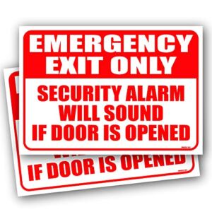 (2 Pack) Emergency Exit Only Alarm Will Sound Sign 10″x7″ 4MIL UV Laminated Emergency Exit Only Door Sign Self Adhesive Sticker Decal