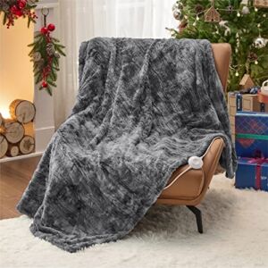 Bedsure Heated Blanket Electric Throw – Safe Low Voltage Electric Blanket Throw, Luxury Fuzzy Fluffy Faux Fur Sherpa, with 4 Heating Level Settings & 4 Time Settings, Auto Off (Grey, 50×60 inches)