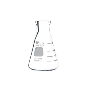 PYREX Narrow Mouth Erlenmeyer Flask with Heavy Duty Rim – Borosilicate Glass Flask – Premium Glass Chemistry Flask for Laboratory, Classroom or Home Use – PYREX Chemistry Glassware, 50mL, 6/Pk