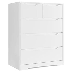HOSTACK Modern 5 Drawer Dresser, Chest of Drawers with Storage, Wood Clothing Organizer with Cut-Out Handles, Accent Storage Cabinet for Living Room, Bedroom, Hallway, White