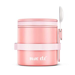 BLUE ELE Leakproof, Vacuum Insulated Thermos Hot Lunch Containers with Ceramic-Coated Stainless Steel, Easy Grip Lid, and Folding Spoon, 13.5oz, Carnation Pink