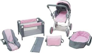 KOOKAMUNGA KIDS 5 Pc Baby Doll Stroller Set – Baby Doll Accessories – Baby Doll Playset w/ Doll Crib Stroller Car Seat – Playpen – Carry Cot – Diaper Bag – Ages 3+ – Deluxe Grey / Pink