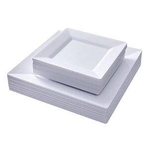N9R 60 Pack White Square Plastic Plates – 30pcs Dinner Plates 9.5 Inch and 30pcs Square Disposable Dessert/Salad Plates 6.5 Inch – Fancy Disposable Plates Perfect for Wedding Thanksgiving Christmas