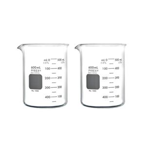 PYREX Griffin Borosilicate Glass Beaker- Low Form Graduated Measuring Beaker with Spout– Premium Scientific Glassware for Laboratories, Classrooms or Home Use – PYREX Chemistry Glassware, 600mL, 2/Pk