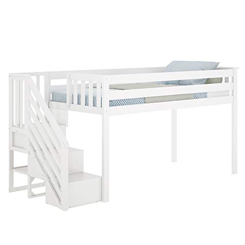 Max & Lily Low Loft Bed, Twin Bed Frame For Kids With Stairs, White | The Storepaperoomates Retail Market - Fast Affordable Shopping