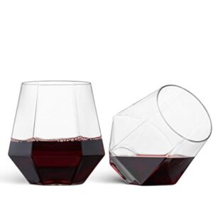 32 Pack Diamond Shaped Plastic Stemless Wine Glasses Disposable 12 Oz Clear Plastic Wine Whiskey Cups Shatterproof Recyclable and BPA-Free