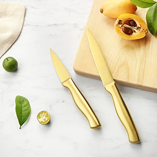 Marco Almond® MA21 Luxury Golden Knife Sets, Titanium Coated 14 Pieces Stainless Steel Hollow Handle Gold Kitchen Knives Set with White Wash Finish Wood Block | The Storepaperoomates Retail Market - Fast Affordable Shopping