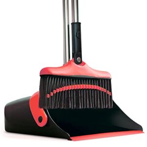 Broom and Dustpan Set with Long Handle – Kitchen Brooms and Stand Up Dust Pan Magic Combo Set for Home – Lobby Broom with Rotation Head and Standing Dustpan for Floor Cleaning Red