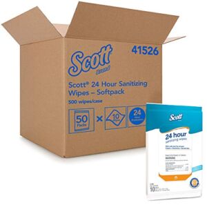 Scott 24 Hour Sanitizing Wipes – Multi-Surface Cleaning & Disinfecting, Continuous Sanitization For 24 Hours – (41526), 50 Packs x 10, 500 Wipes