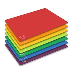 Cutting Board Mats Flexible Plastic Colored Mats with Food Icons, Fotouzy BPA-Free, Non-Porous, Anti-skid back and Dishwasher Safe, Set of 7