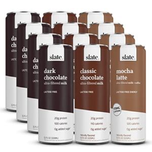 Slate Milk – High Protein Shake, Variety Pack, Classic Chocolate, Dark Chocolate, Mocha Latte, 20g Protein, 0g Added Sugar, Lactose Free, Keto, All Natural (11 oz, 12-Pack)
