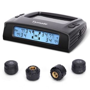 Tymate Tire Pressure Monitoring System – M7-3 TPMS Tire Pressure Monitor System with Solar Charger, TPMS w/ 5 Alarm Modes, LCD Display, Auto Sleep Mode, 4 TPMS Sensors, Easy to Install (0-87 PSI)