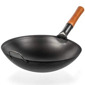 YOSUKATA Carbon Steel Wok Pan – 14 “ Woks and Stir Fry Pans – Chinese Wok with Round Bottom Wok – Traditional Chinese Japanese Woks – Black Steel Wok