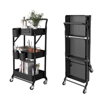 DTK 3 Tier Foldable Metal Rolling Cart, Metal Trays Utility Cart with Handle and Wheels, 3 Hanging Cups and 6 Hooks Storage Organizer Cart, Collapsible Kitchen Cart for Bathroom Office Kitchen(Black) | The Storepaperoomates Retail Market - Fast Affordable Shopping