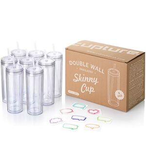 Cupture Skinny Acrylic Tumbler Cups with Straws – 18 oz, 8 Pack (Clear)