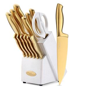 Marco Almond® MA21 Luxury Golden Knife Sets, Titanium Coated 14 Pieces Stainless Steel Hollow Handle Gold Kitchen Knives Set with White Wash Finish Wood Block
