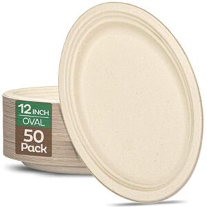 100% Compostable Oval Paper Plates [12.5 inch – 50-Pack] Elegant Disposable Dinner Platter Heavy-Duty Quality, Natural Bagasse Unbleached Eco-Friendly Made of Sugar Cane Fibers, [12.5″ x 10″ Platter]