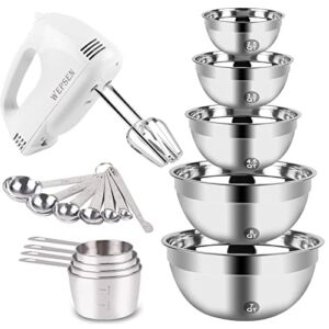 Electric Hand Mixer Mixing Bowls Set, Upgrade 5-Speeds Handheld Mixers with 6 Nesting Stainless Steel Mixing Bowl, Measuring Cups and Spoons Whisk Blender Kitchen Cooking Baking Supplies For Beginner
